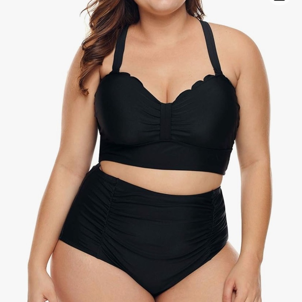 Plus Size Black Scallop Swim Top and High Waist Bottoms